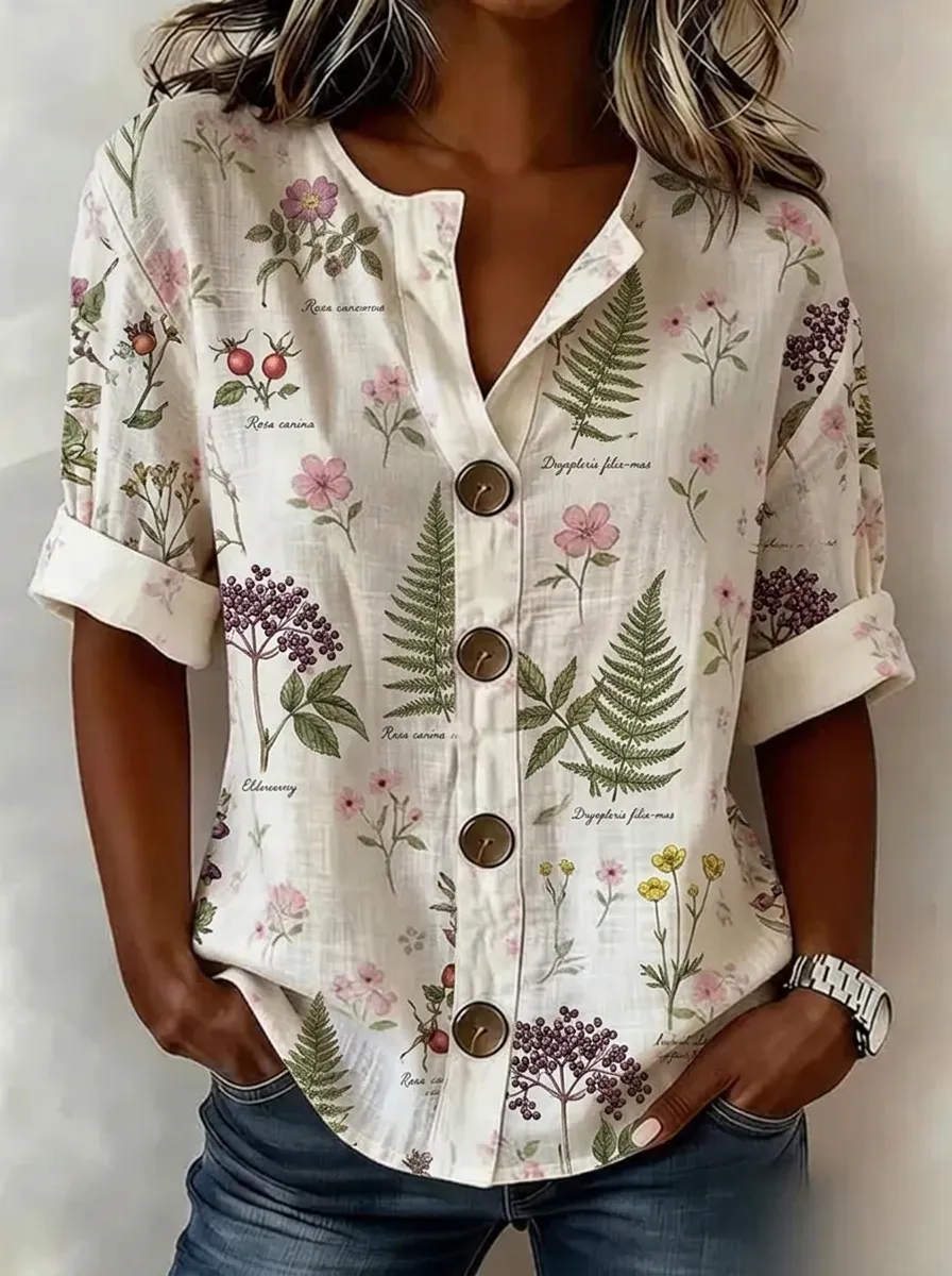 Women's Nashville Botanical Fern Flower Printed Button-up Shirt