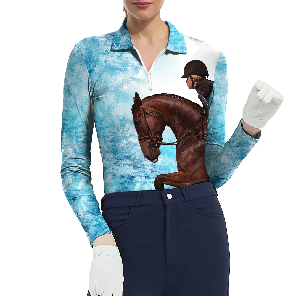 Women's Riding Style Horse Jumping Print Long Sleeve Casual Lapel Shirt