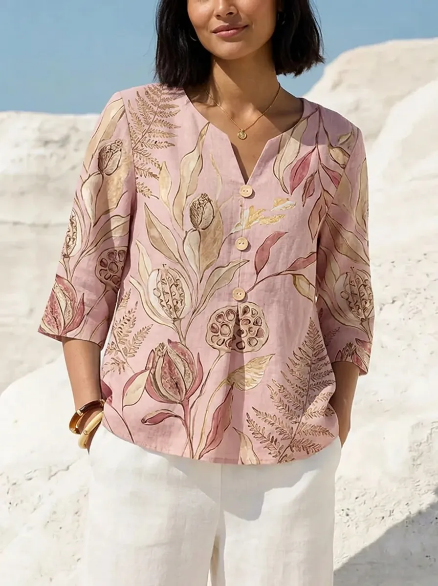 Women's Nashville Botanical Floral Printed V-Neck Button-Down Top