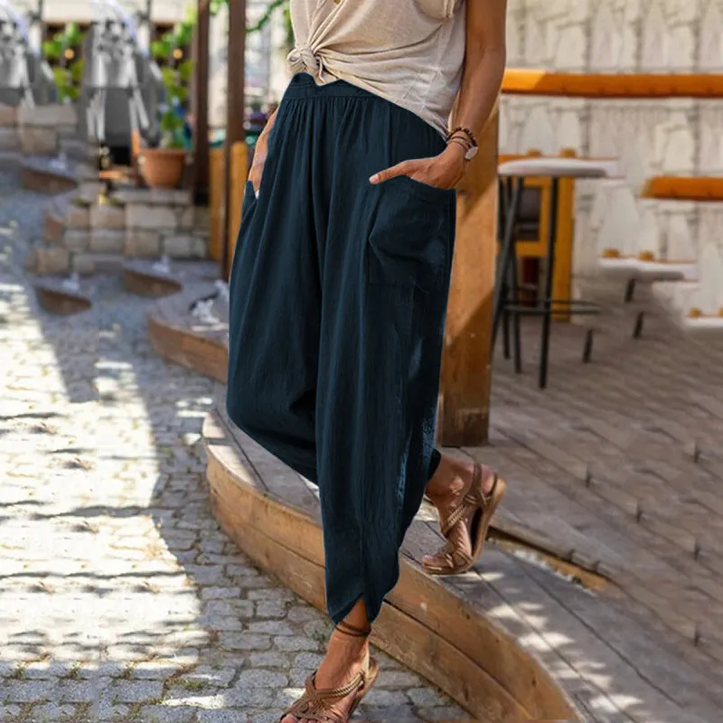 Casual Trousers Loose Pocket Cotton Linen Pencil Pants