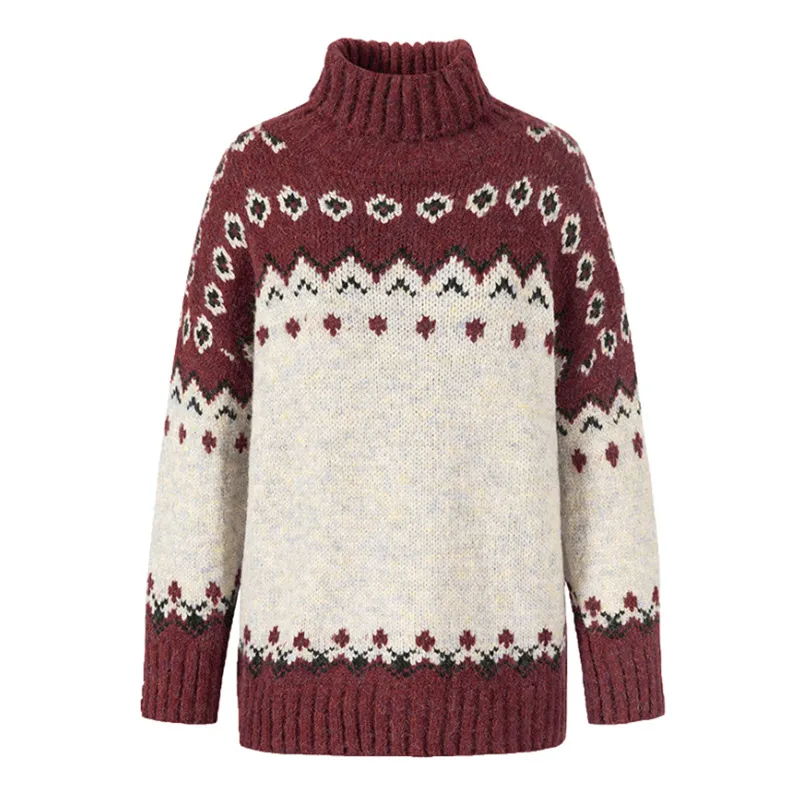 Vintage Turtleneck Pullover Long Sleeve Jacquard Sweater