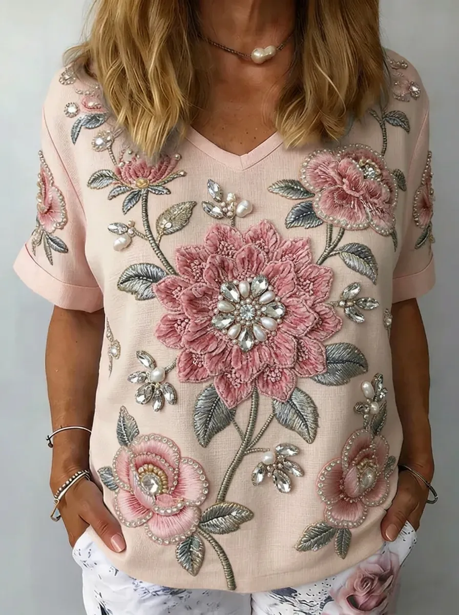 Women's Nashville Floral Beaded Rhinestone Embroidered T-shirt