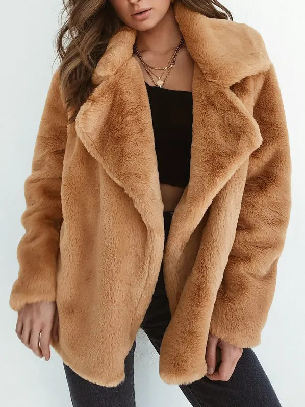 Cozy notched collar oversize fake fur coat