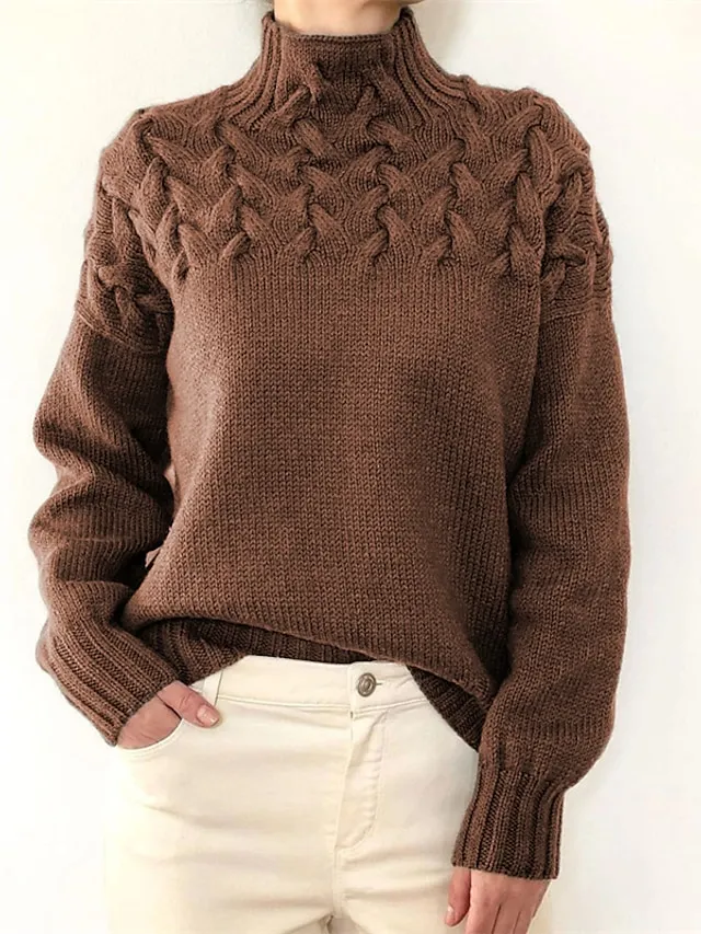 Women‘s Christmas Pullover Sweater Jumper Turtleneck Cable Knit Acrylic Braided Fall Winter Outdoor Daily Going out Xmas Stylish Casual Soft Long Sleeve Pure Color Maillard Black Pink Red S M L