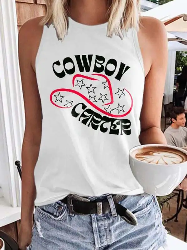 Retro Western Cowboy Hat Print Vest