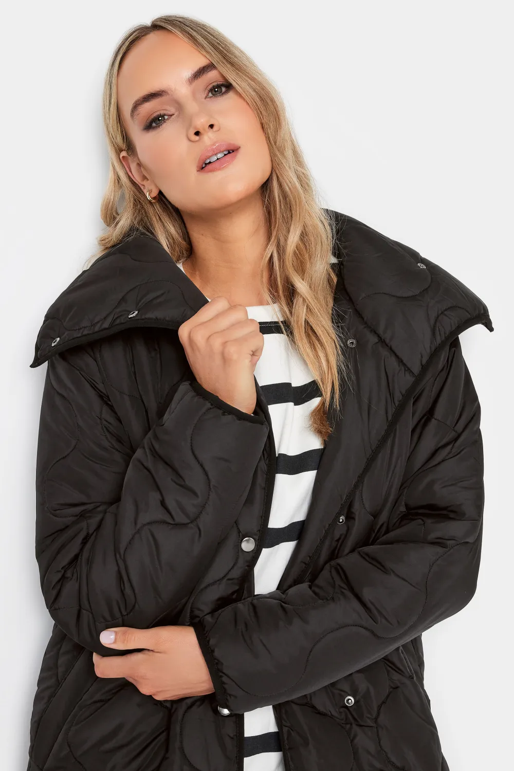 LTS Tall Black Funnel Neck Quilted Coat