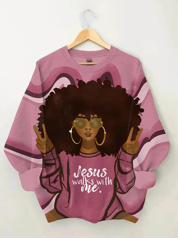 Afro Girl Jesus Walks With Me Long Sleeve Sweatshirt