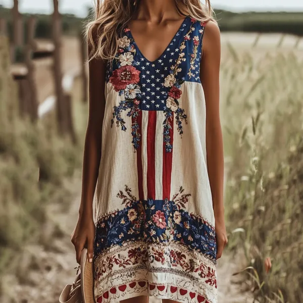 Women's Independence Day Floral Embroidered Art V-neck Tank Midi Dress