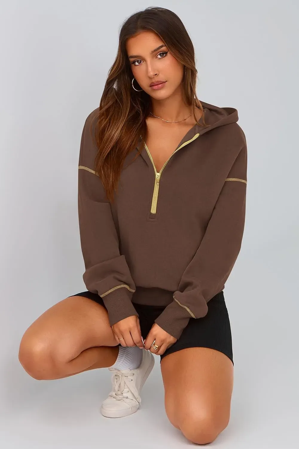 Women's Hooded Sweatshirts Long Sleeve Half Zip Cropped Hoodie Pullover Winter Fashion Clothes