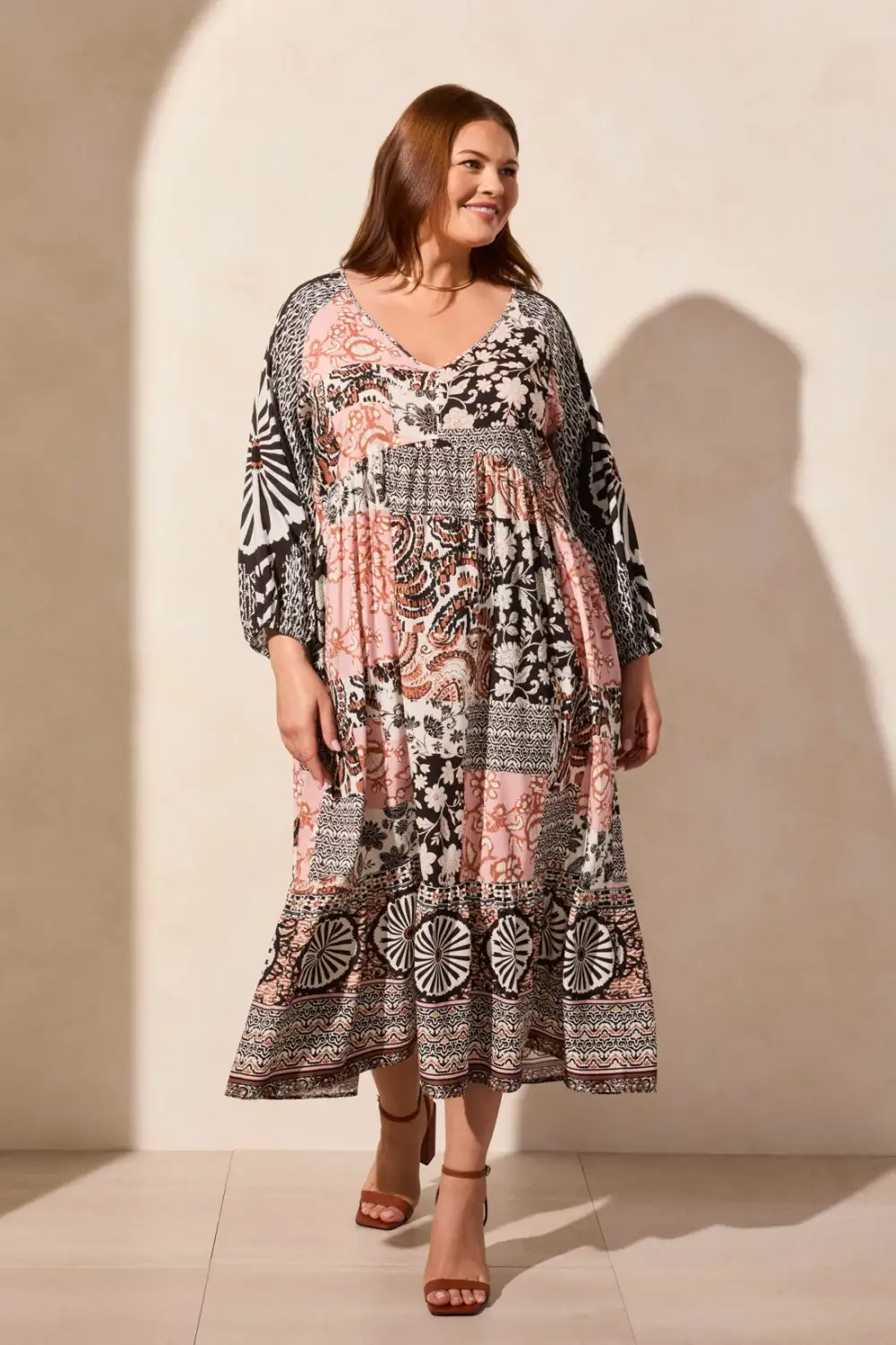 Long Raglan Sleeve Poplin V-Neck Dress-Desertsand