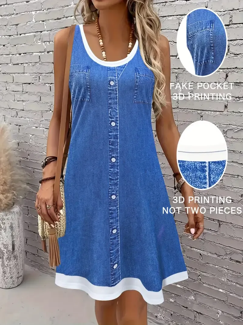 Women's Casual Denim Print Sleeveless Dress, Polyester & Spandex Blend, Crew Neck, Color Block Design, Knit Fabric, 180-1.0g/m², with Button Pockets for All-Season