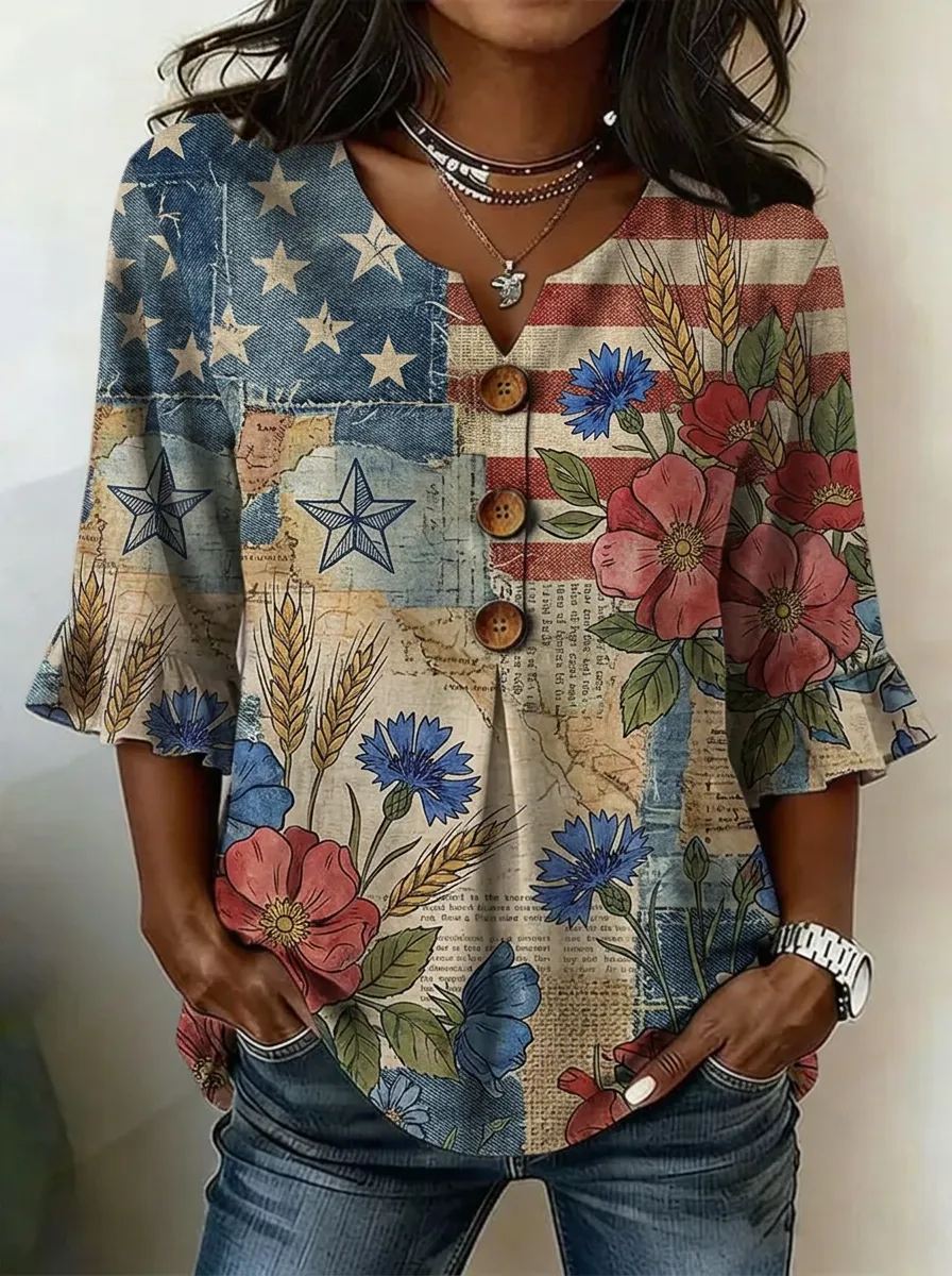 Women's Nashville USA Flag Floral Printed V-Neck Button Top