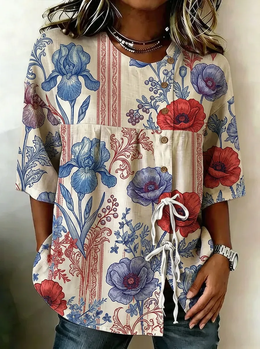 Women's Nashville Floral Botanical Printed Button-Down Top