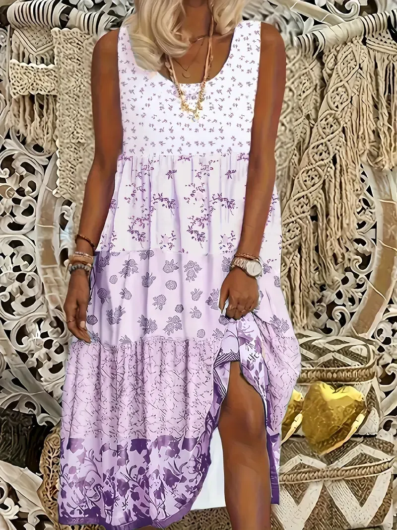 Plus Size Floral Print Tank Dress, Vacation Style Sleeveless Crew Neck Midi Dress For Spring & Summer, Women's Plus Size Clothing