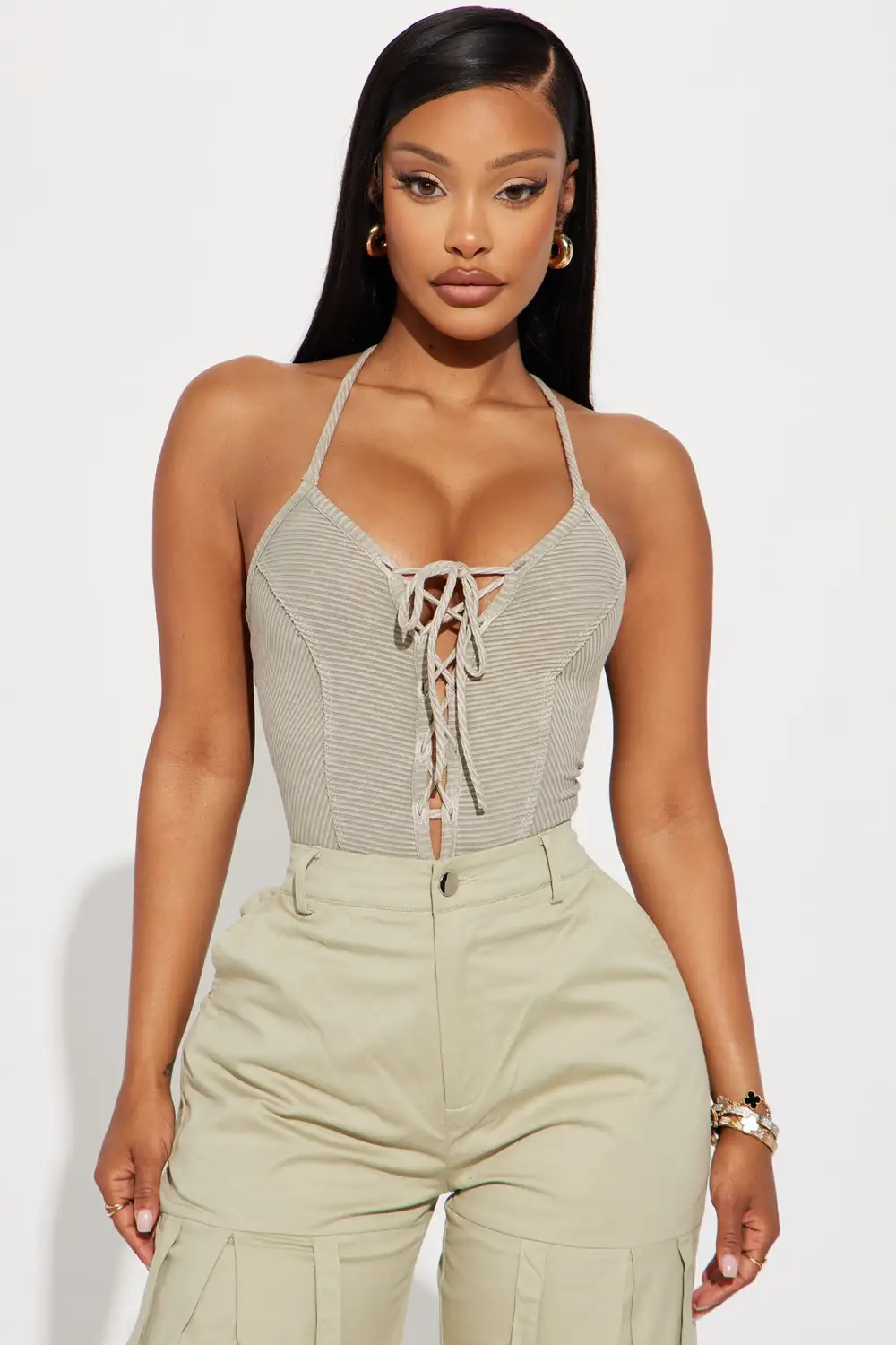 Paloma Lace Up Bodysuit - Taupe