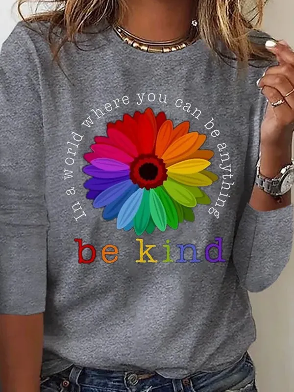 Women Casual Autumn Sunflower Micro-Elasticity Daily Loose Standard Long sleeve H-Line T-shirt