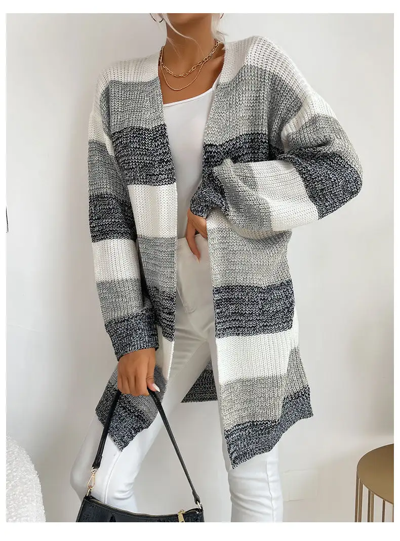 Casual Knit Cardigan Striped Colorblock Sweater Jacket