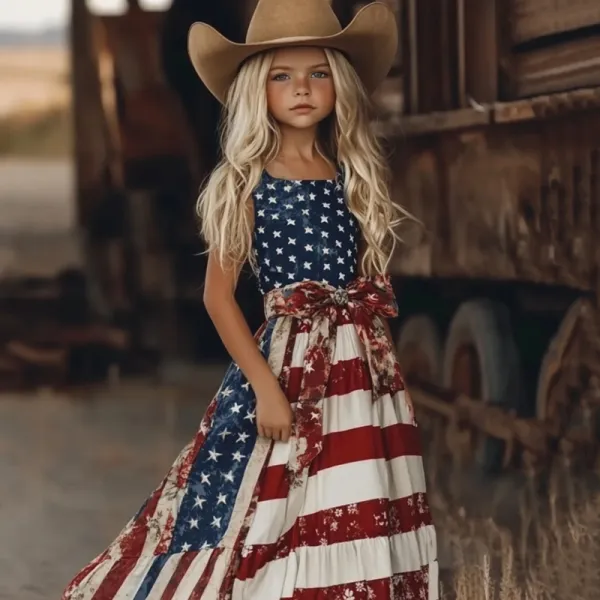 Young Girl's Patchwork Independence Day America Flag With Bow Art Linen Tank Dress（with Belt）