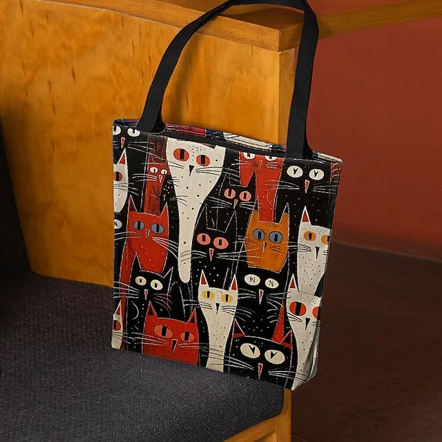 Women's Tote Shoulder Bag Canvas Tote Bag Customize Polyester Shopping Holiday Print Large Capacity Foldable Lightweight Cat Black / White Black / Red Custom Print