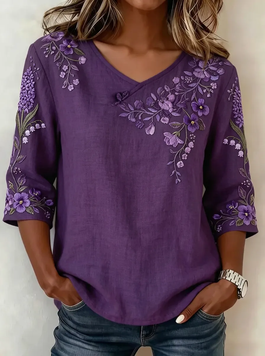 Women's Nashville Floral Embroidery Printed V-Neck Top