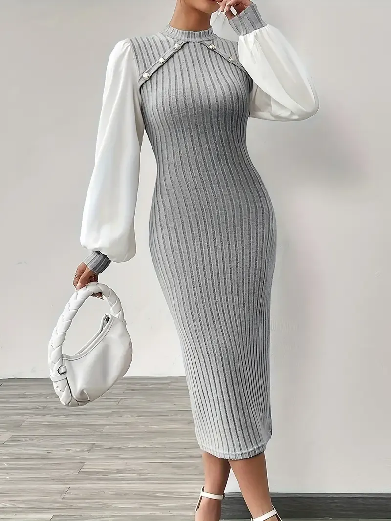 Elegant Women's Midi Dress with Ribbed Detail - Chic Mock Neck, Long Sleeve, Stretchy Pencil Skirt Style in Beige and White - Machine Washable for Spring & Autumn