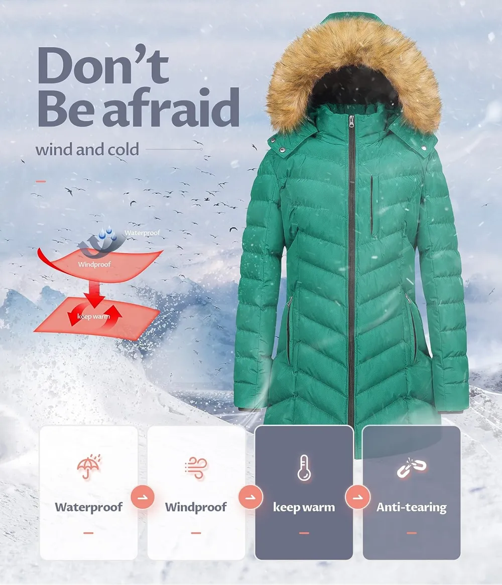 US Women's Winter Hooded Coat Waterproof Warm Long Puffer Jacket Parka