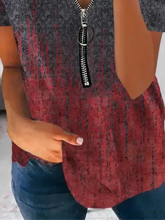 Women's Short Sleeve V-neck Graphic Printed Zipper Top