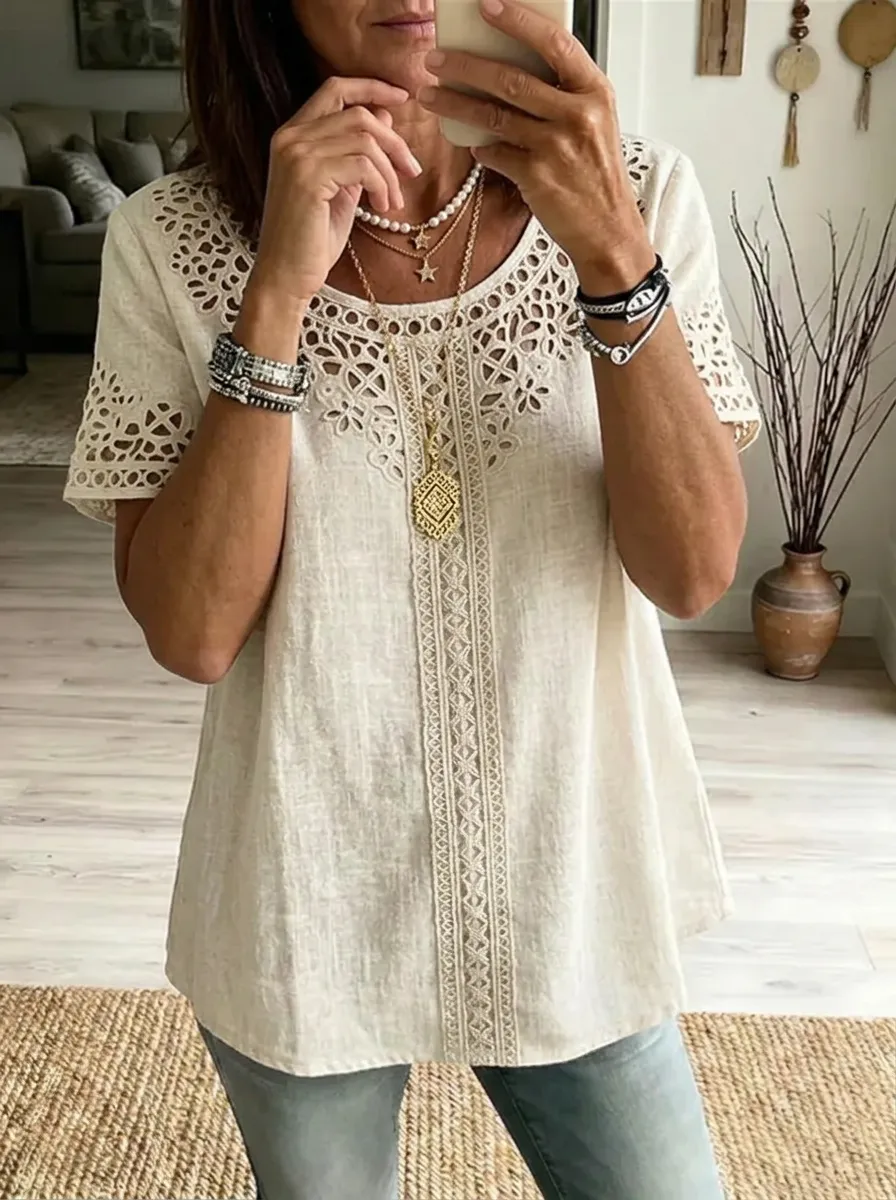 Women's Nashville Country Style Crochet Lace Trimmed Linen Top