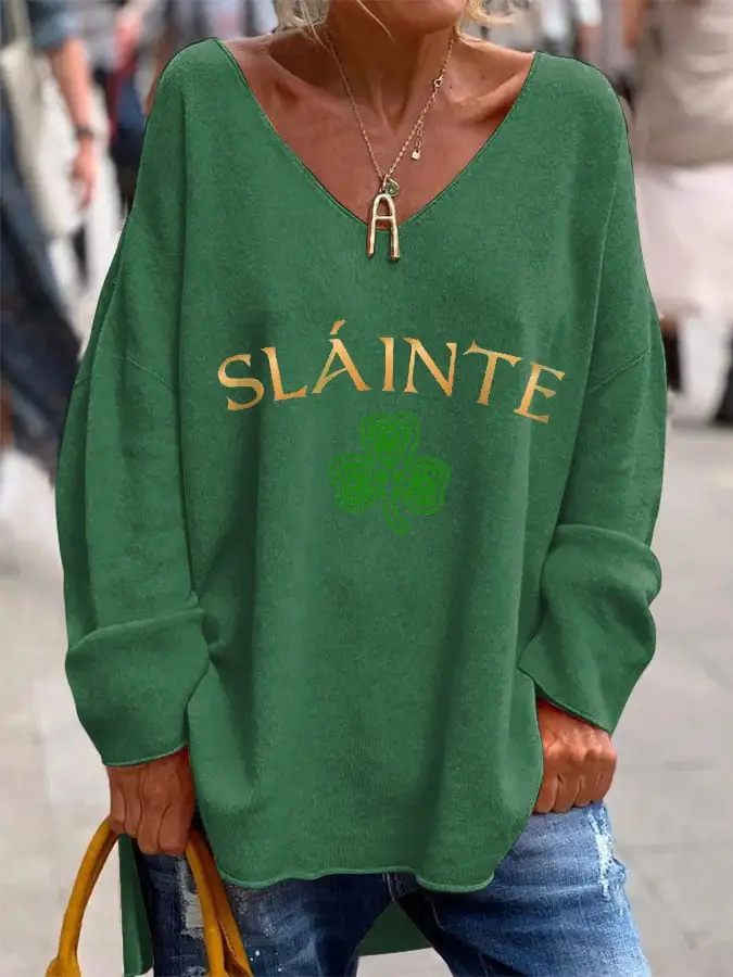Women's Slainte St. Patrick's Day Printed V-Neck Long Sleeve Top