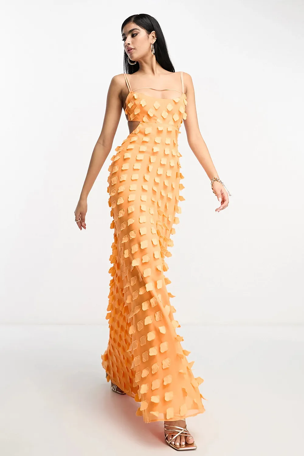 textured strappy maxi dress with open back in orange