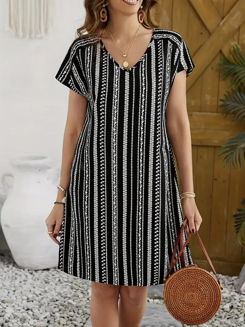 Striped V Neck Loose Dress - Casual Short Sleeve Dress For Spring & Summer