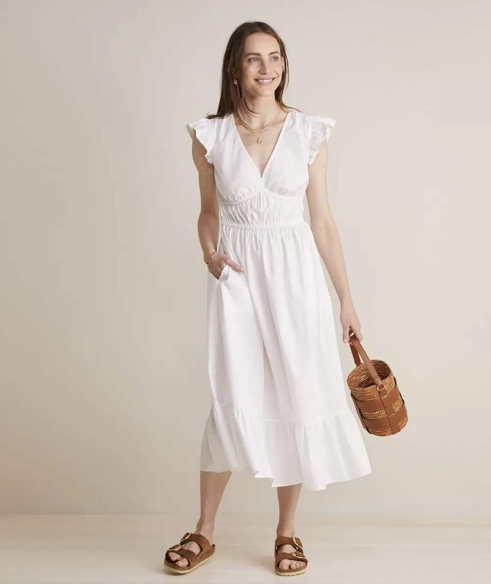 Poplin Flutter-Sleeve Midi Dress