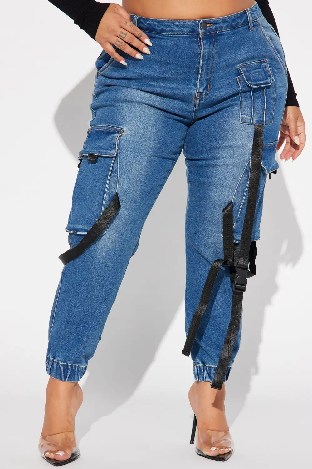 Give It A Break Cargo Denim Joggers - Dark Wash