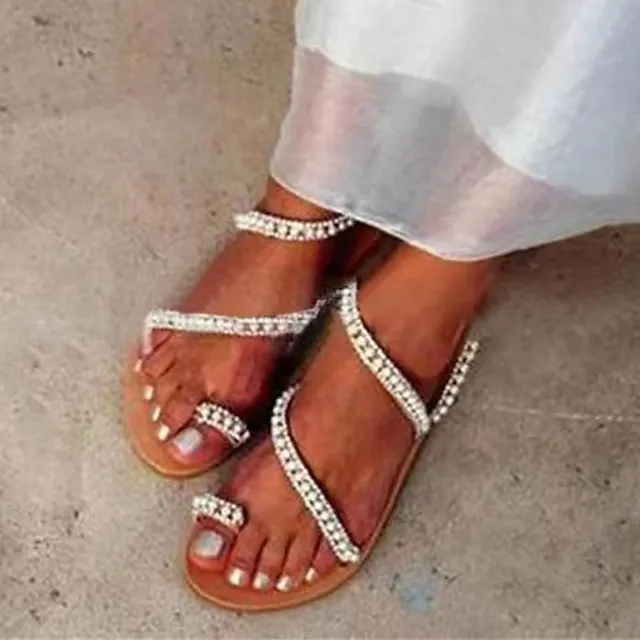 Women's Sandals Boho Bohemia Beach Plus Size Daily Beach Wedding Sandals Summer Pearl Flat Heel Open Toe Elegant Casual Minimalism Synthetics Loafer Solid Colored Light Brown