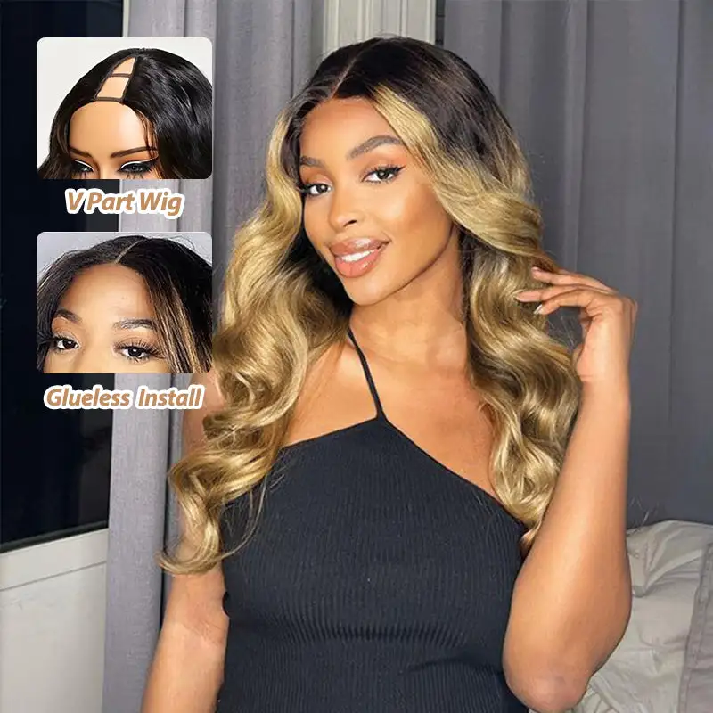 Glueless #T1B/27 Ombre V Part Wig No Leave Out Beginner Friendly Upgrade U Part Wig