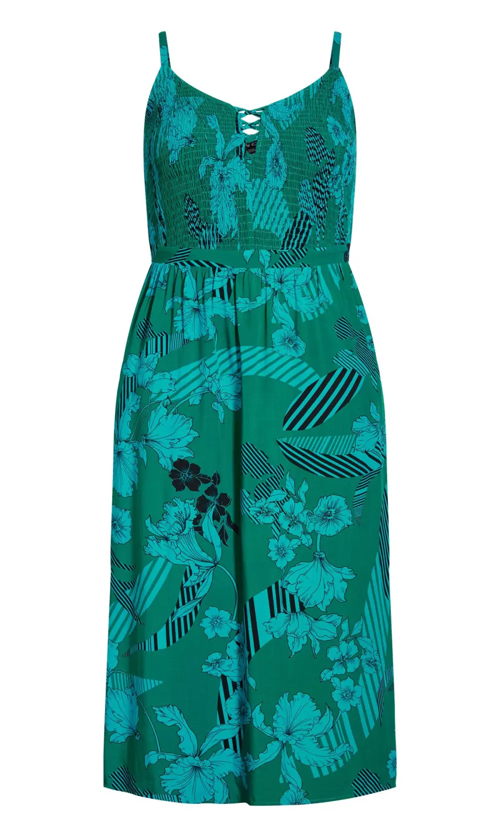 Evans Green & Blue Floral Print Shirred Maxi Dress