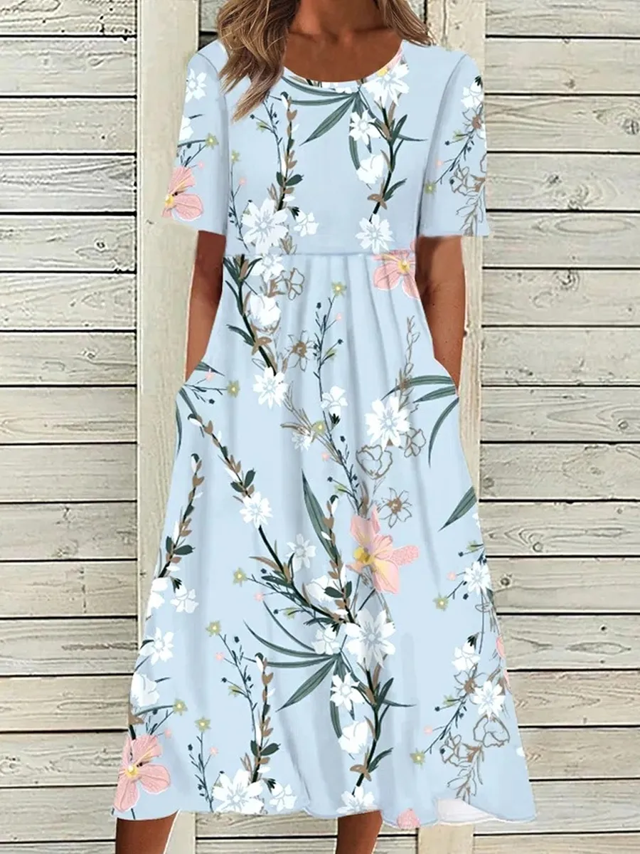 Casual Floral Print Crew Neck Pocket Short Sleeve Midi Dress