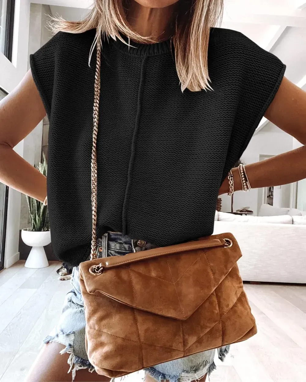 Saodimallsu Womens Summer Cap Sleeve Tops Casual Crew Neck Loose Fit Knit Lightweight Sweater Pullover Top