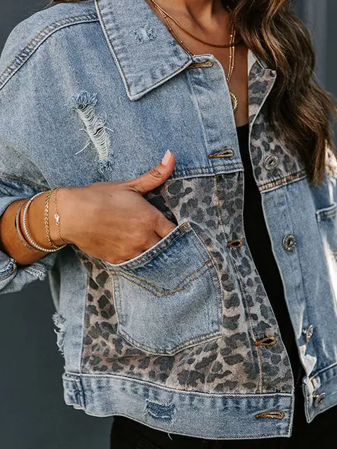 Leopard Patchwork Ripped Denim Jacket
