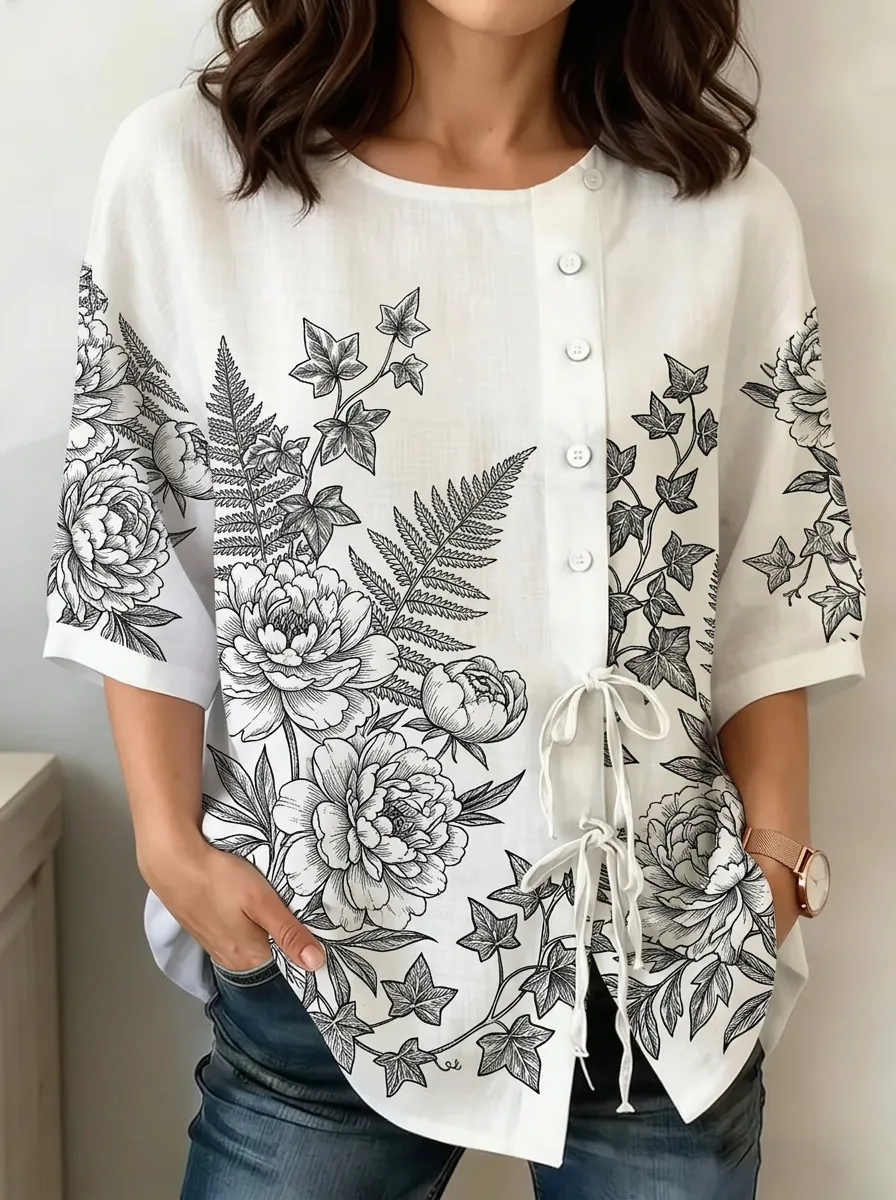 Women's Nashville Botanical Floral Printed Button-Down Top