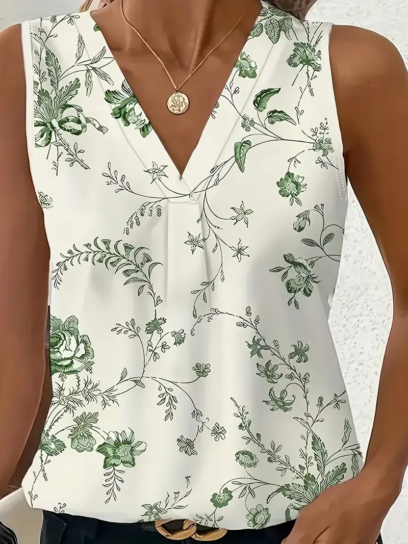 Women'S Floral Print Sleeveless V-Neck Vest, Elegant Polyester Knit Fabric, Regular Fit, Stretch Pullovers for Spring/Summer/Fall, Casual Weekend Wear