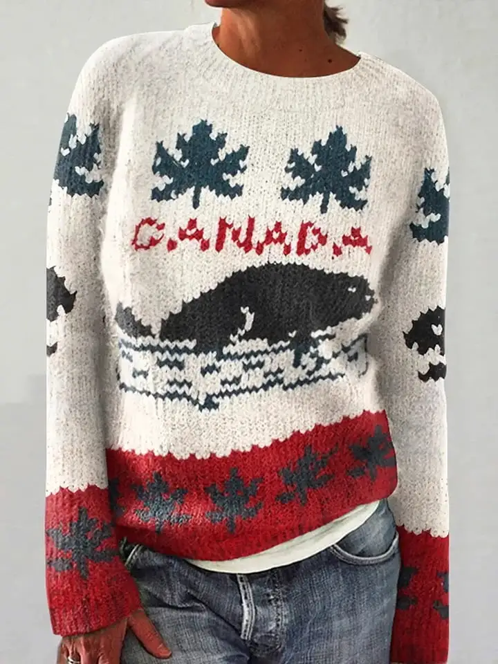 Women's Canadian Maple Leaf and Beaver Cozy Knit Sweater