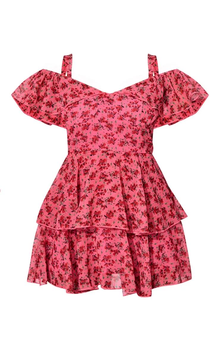 Petite Blue Chiffon Print Frilled Mini Dress