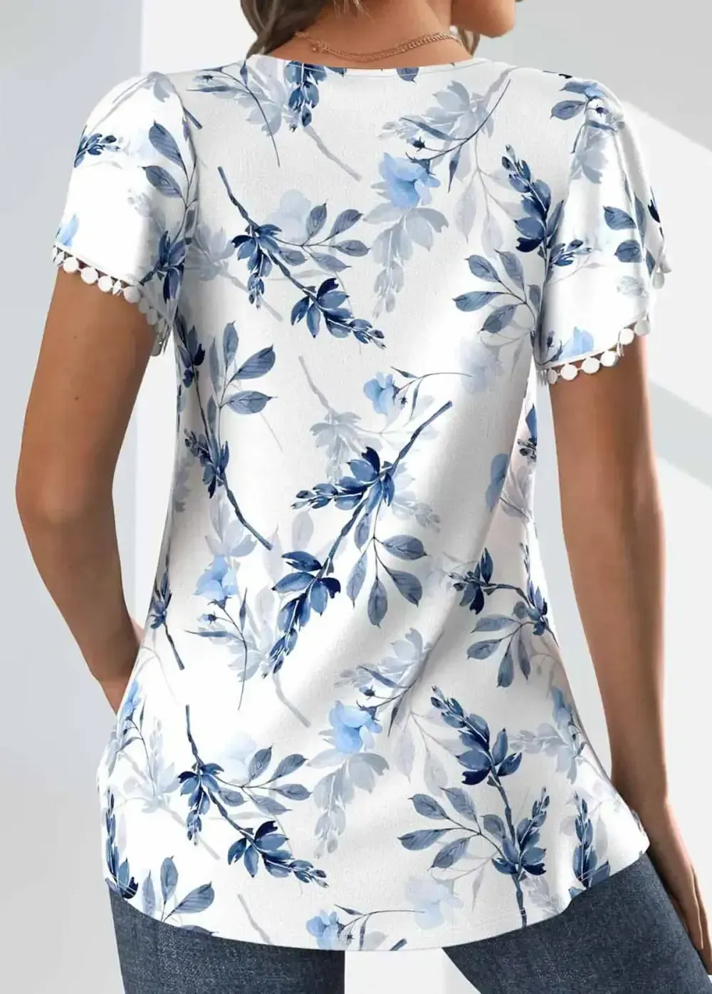 White Tuck Stitch Floral Print Short Sleeve T Shirt