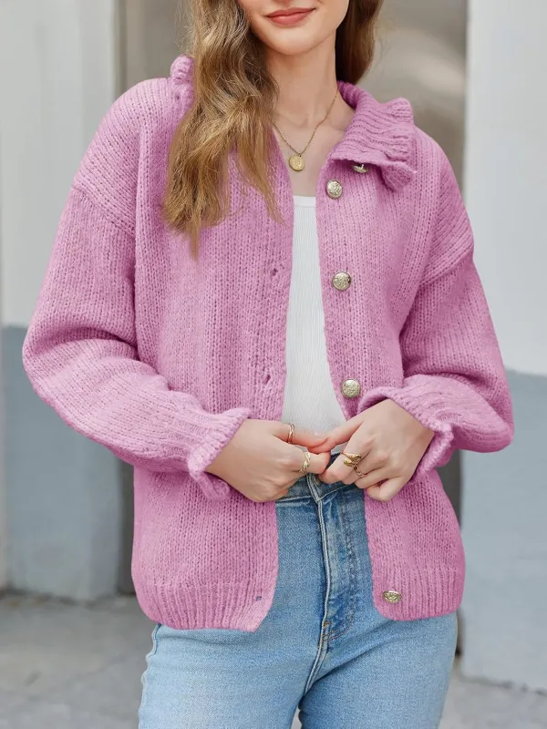 🎄Hot Sale Ruffle Cardigan Oversized Button Up Ribbed Knit Open Front Long Sleeve Loose Sweater