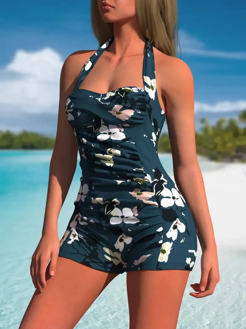 Floral Pattern One-piece Swimsuit, Halter Neck Ruched Bathing Suits - Women's Swimwear & Clothing - For Women - Perfect for Summer Beach Vacations & Pool Parties - Ideal Gift for Women