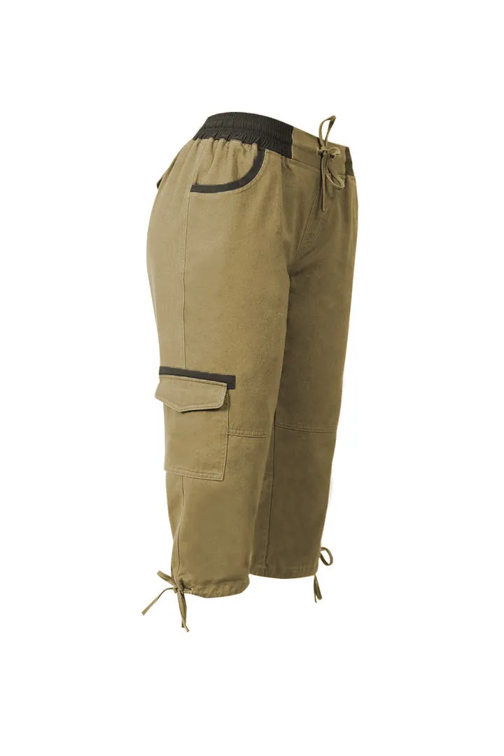 Drawstring Waist Flap Pocket Design Capris Pants