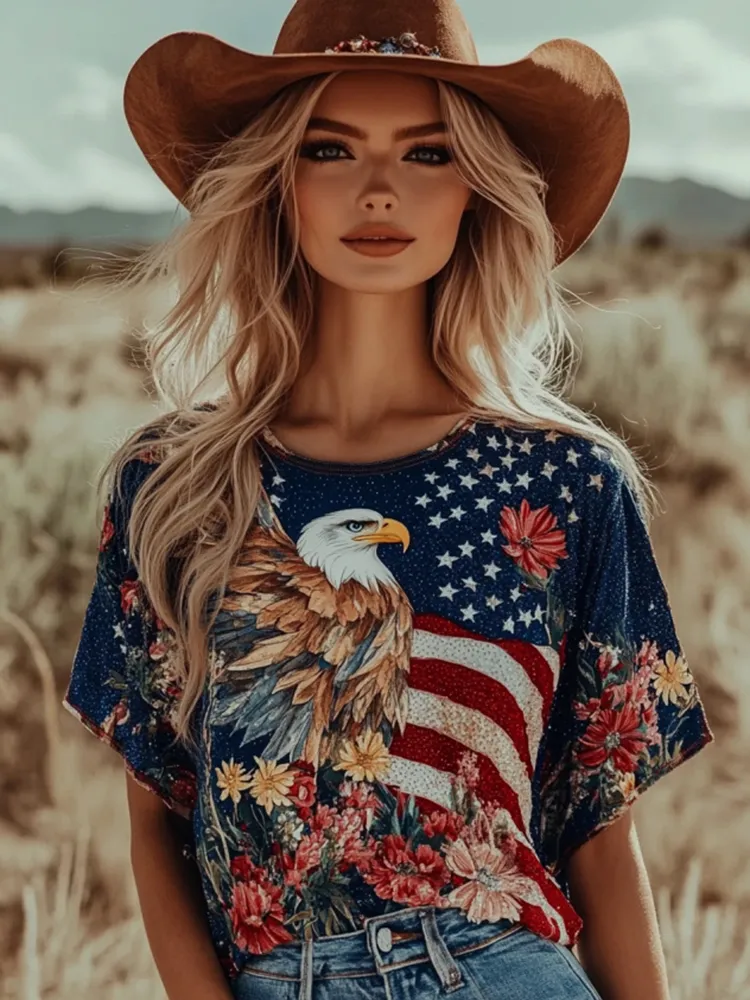 Women's Independence Day Floral And Eagle Art Crew Neck T-shirt