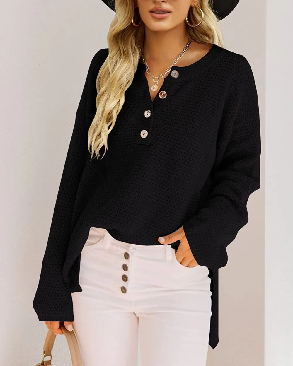 Women's Oversized Sweaters Batwing Long Sleeve Loose V Neck Button Henley Tops Pullover Knit Jumper