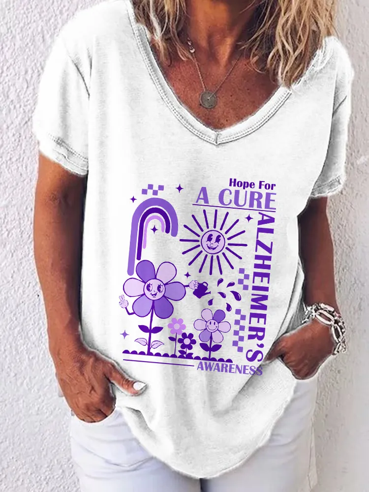 Women'S V-Neck Short-Sleeved T-Shirt Hope For A Cure Alzheimer'S Awareness Prints